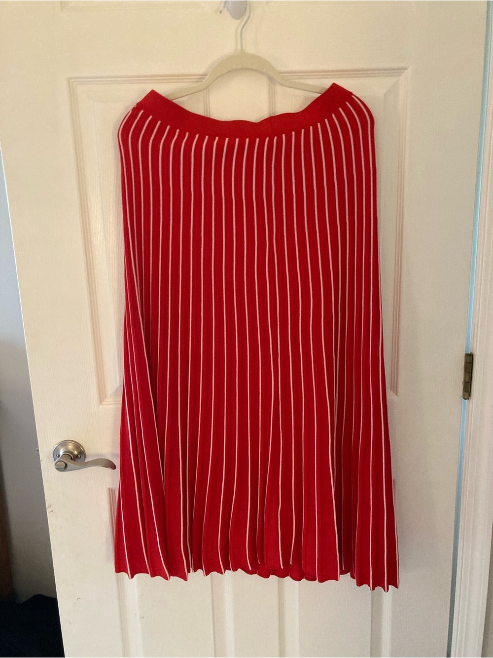 Women's Red Pleated Midi Skirt with White Pinstripes